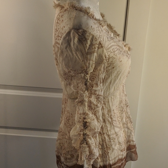 Elie Tahari Silk Boho Cream Brown Floral Top - Picture 2 of 7